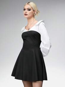 Goth 女式性感深V领拼布衬衫裙 - 黑色 - 查看 5