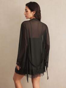 Charlaine Women's Sexy Lingerie Set, Includes Camisole, Dress & Mesh Cardigan - Black - View 3