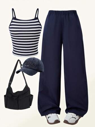 SHEIN 2 Stücke/Set gestreiftes Trägertop und lässige weite Hose für Tween-Mädchen