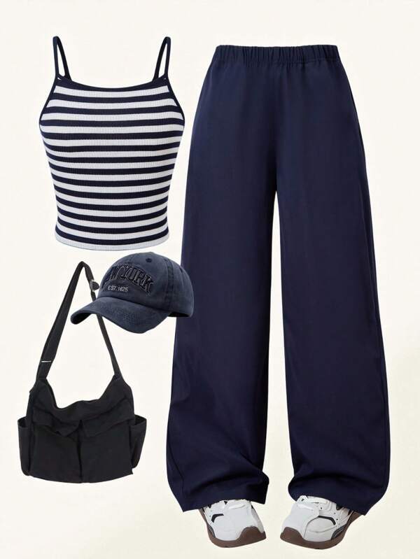 SHEIN Set de 2 piezas con top de tirantes a rayas y pantalones casuales sueltos para niña preadolescente