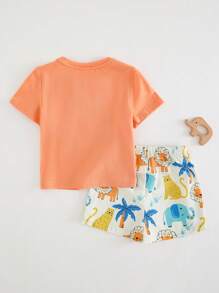Cozy Pixies Set de 2 piezas para niño bebé: parte superior de manga corta de cuello redondo suave con estampado de animales de dibujos animados y pantalones cortos de cintura elástica