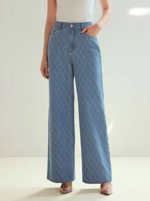 MOTF STUDIO 菱形花纹仿珍珠与水钻细节阔腿牛仔裤