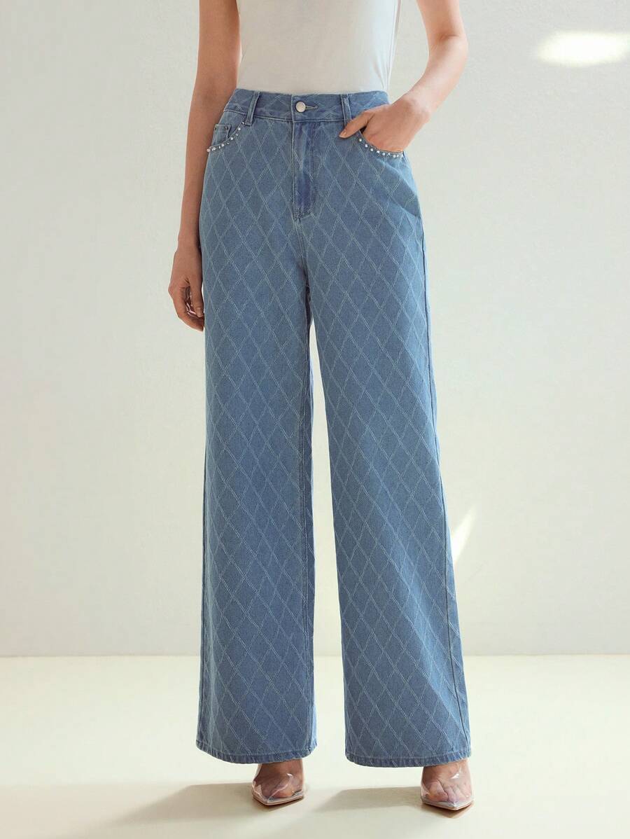 MOTF STUDIO 菱形花纹仿珍珠与水钻细节阔腿牛仔裤