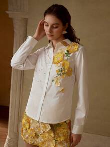 MOTF PREMIUM Camisa decorada con bordado y perlas de imitación - Blanco - Ver 4