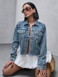 CasuGlow Casual Distressed Cropped Denim Jacket, - Medium Wash - View 6