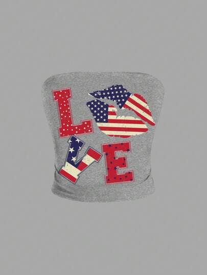 ROMWE Avant 4th Of July Vintage Sexy American Street Style Women Crop Top With Flag, Love, Lip Print