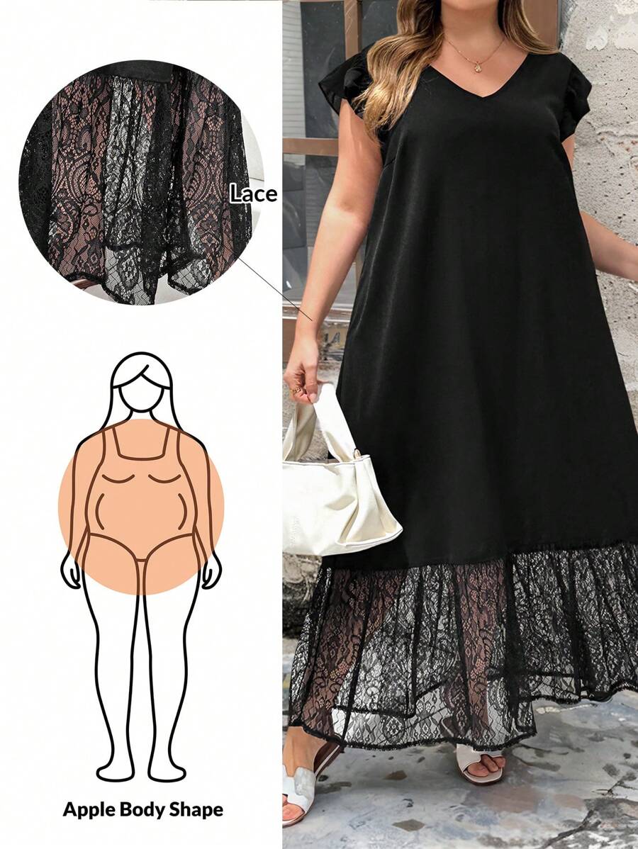 SHEIN Essnce 大码女装春夏时尚休闲宽松舒适修身蕾丝拼接黑色无袖长裙，女士夏季服装，女士度假服装，女士早午餐服装，欧洲夏季服装，伊比沙岛服装，女士邮轮服装，波西米亚风，海滩度假
