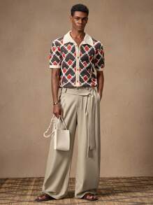 AKNOTIC Men's Casual Loose Elastic Waist Straight Leg Pants, Solid Color Khaki Trousers Suitable For Summer, Vacation, Daily Matching, Party, Couple, Men's Gift