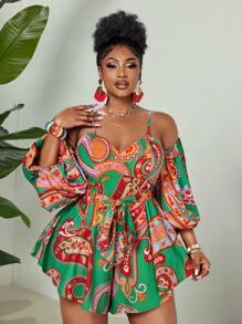 Maweii 加大码数码印花露肩露背优雅度假连体裤