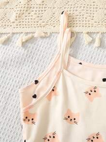 SHEIN Leap Crew 4pcs Tween Girl Cartoon Cat & Heart Pattern Ruffled Camisole & Shorts Comfortable Casual Pajamas Set - Apricot - View 4