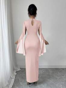 SHEIN Clasi 女士纯色褶皱腰针织连衣裙，优雅外观，修身剪裁 - 粉色 - 查看 2