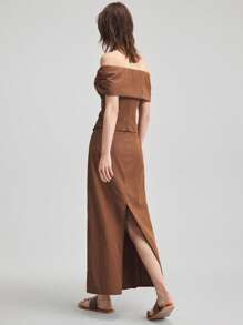 Ontre 2 件套女士夏季休闲纯色露肩短款上衣和裙子套装，适合独立日、圣约翰节、海滩、毕业典礼、办公室、海滩度假、茶会、派对 - 棕色 - 查看 3