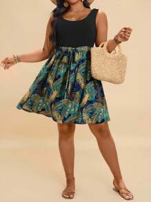 Travachic Robe décontractée à col rond sans manches avec imprimé de plante tropicale, tailles grandes pour femmes