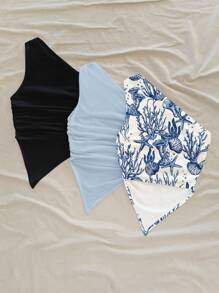 Soleia WYWH Women 3pcs Casual One-Shoulder Crinkle Ruched Asymmetrical Hem Fitted Top, Ocean Animal Print, Blue Print Suitable For Going Out - Multicolor - View 2