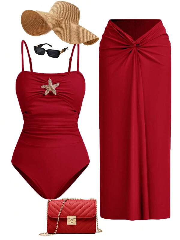 Swim Oasis Damen Metallic Seestern verzierter Rüschen Badeanzug und verdrehter Strandrock Set, Sommer Strandurlaub