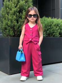 Babygirl Casual Pink Simple Top & Wide Leg Pants Suit Set - Pink - View 9