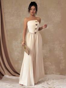 Roveilla Plus Size Women's Metal Decor Strapless Ruched Waist Elegant Jumpsuit, Suitable For Travel - Apricot - View 4