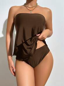 SHEIN Swim 女款優雅花卉飾邊平口式休閒坦基尼泳裝套裝，適合夏季海灘度假 - 棕色 - 查看 3