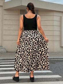 SHEIN EZwear Plus Size Leopard Print Patchwork Ruched Dress, Casual Beach Wear, For Summer - Black - View 2