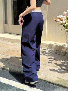 K-Vae 女款夏季深蓝色字母印花腰部褶皱工装阔腿裤，街头学院风长裤 - 彩色 - 查看 3