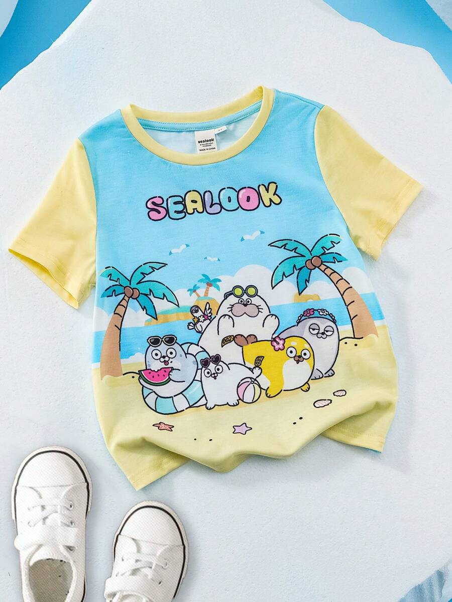 SEALOOK X SHEIN 小男孩卡通海豹图案撞色短袖T恤，夏季海滩