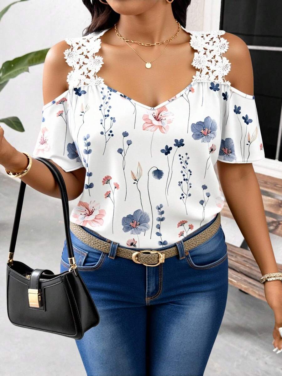 SHEIN Frenchy Plus Size Women Casual Floral Print Lace Patchwork Off Shoulder Blouse, Suitable For Summer Suitable For Going Out Chic Blouses For Women - White - View 1