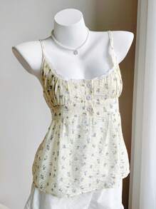 Comfortcana 全新海军蓝碎花女士假日风格纽扣前开式吊带背心，背面有褶皱，清新透气舒适，适合夏季