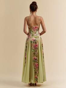 SHEIN BAE Solid Green & Pink Floral Print Bodycon Slip Dress With Sheer Oversized Skirt, Vacation Beach Dress, Sexy Elegant Dress, Maxi Beach Dress, Spring/Summer,Dresses For Women Summer - Green - View 2