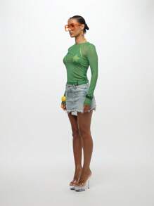 SUMWON WOMEN Long Sleeve Mesh Y2K Top Star Print Festival Club Party Rave Layering Piece Retro See Through Cuff Detail Y2K Statement - Green - View 4