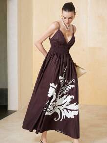 SHEIN Privé Gaun A-Line Wanita Model Terbaru Gaya Eropa & Amerika untuk Liburan, Elegan, Motif Bunga, Pinggang V Dalam, Desain Ruffle, dan Pinggang Ramping - Coffee Brown - View 3