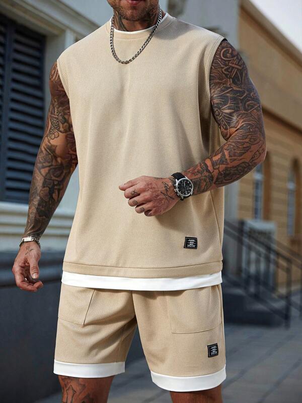 Manfinity CasualCool Herren Buchstaben- und Abzeichen-Muster Rundhals Tanktop und Shorts Freizeitset, Sommer