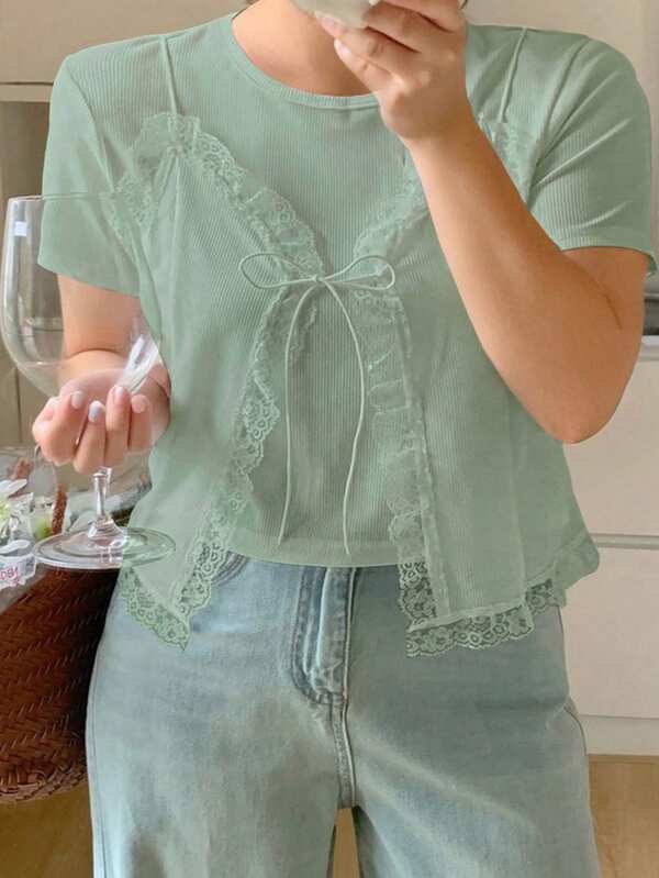 Dazy Plus Plus Size Women Summer Contrast Lace Front Tie Short Sleeve 2 In 1 T-Shirt