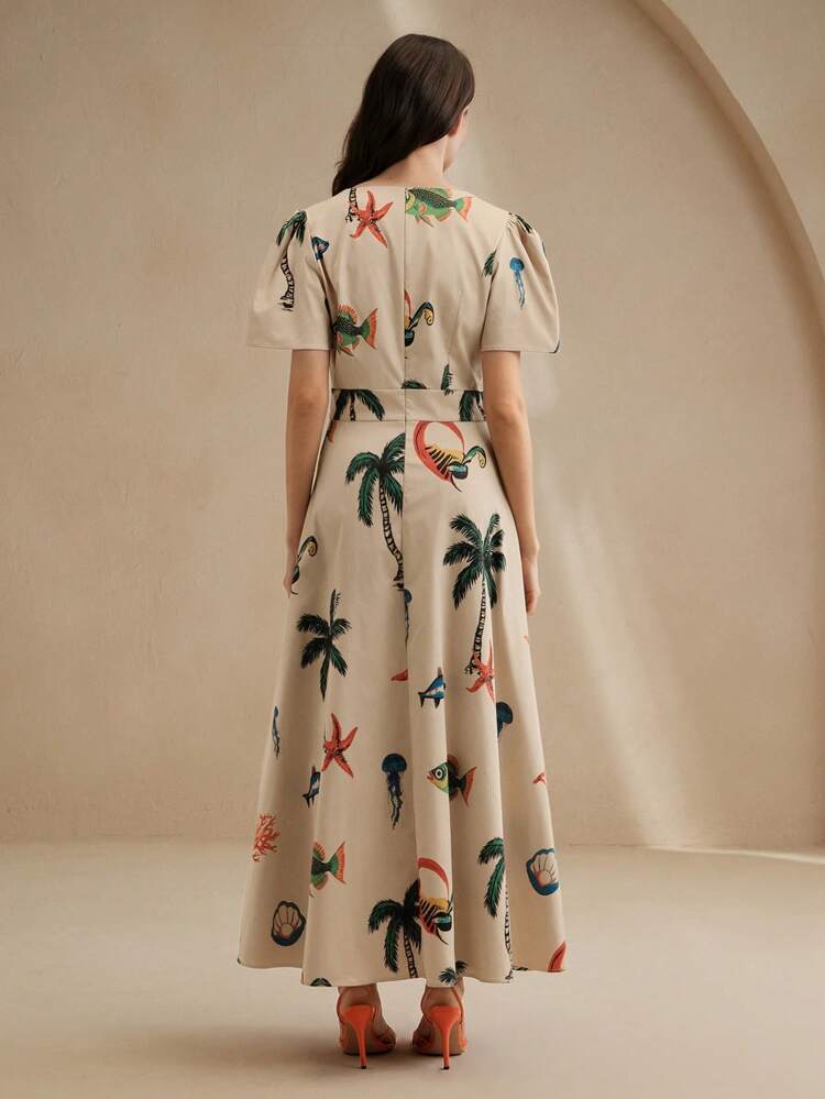 Women's V-Neck Cinched-Waist Maxi Vacation Dress With Elegant Floral Print, Summer