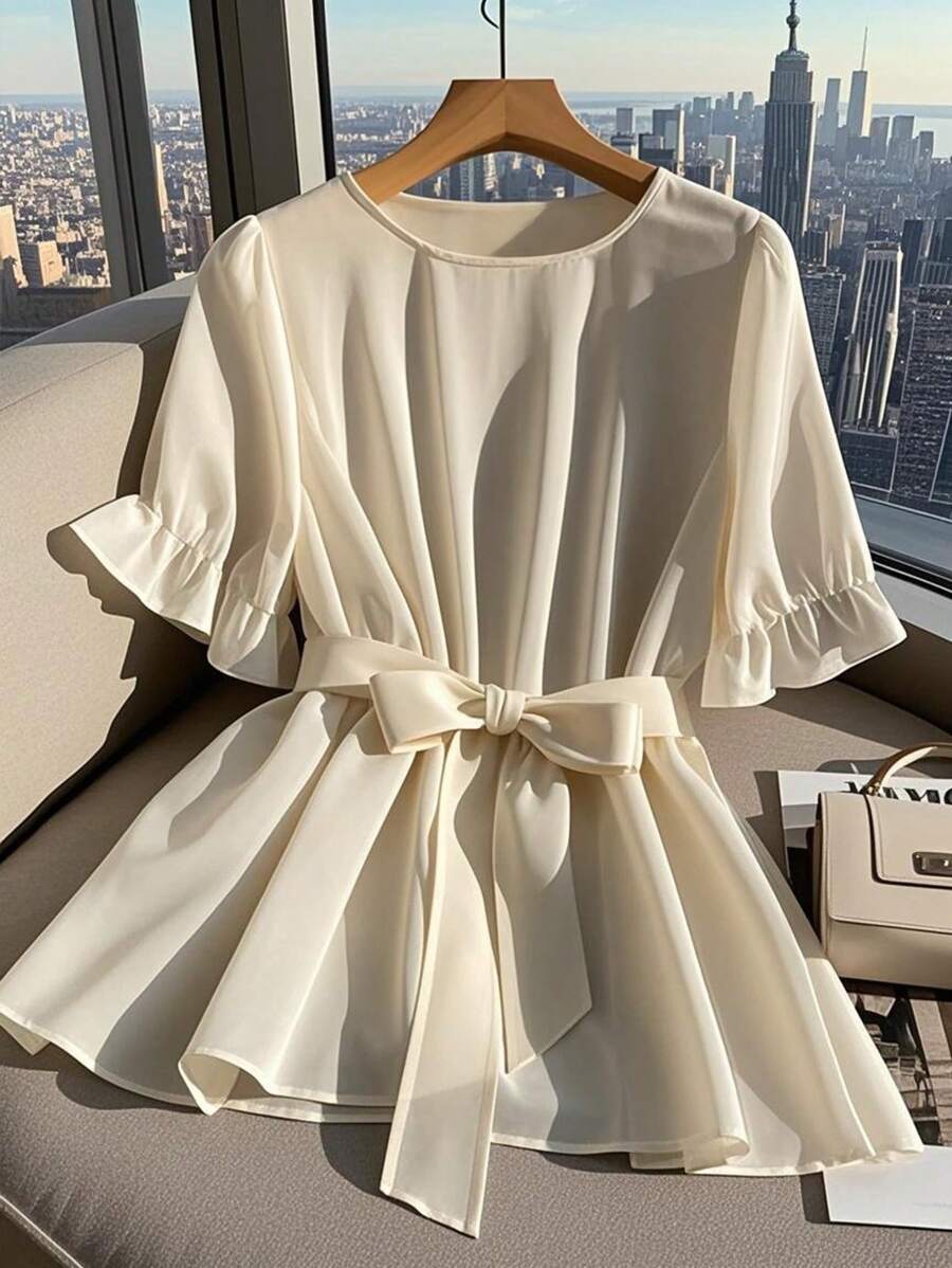 Franclia Women's Puff Sleeve Cinched Waist Waist Blouse - Apricot - View 1