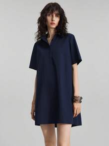 Ontre 2025 Women's Casual Solid Color Loose Short Sleeve Mini Dress, Summer - Navy Blue - View 1