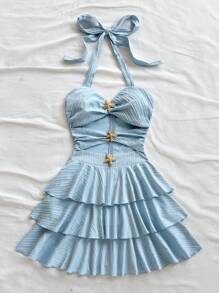 Soleia 女士性感镂空荷叶边下摆海星装饰挂脖迷你连衣裙 - 淺藍色 - 查看 7