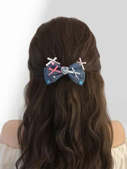 Anime 1 Pair Premium Bowknot Heart Crystal Dopamine Hair Clips, White & Blue, Minimalist Chic Sweet Cute Versatile Duck Clips Bangs Hair Accessories, Suitable For All Seasons