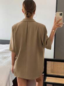 Livesso Short Sleeve Casual Women's Solid Color Front Button Pocket Blazer,Fall Clothes Business Attire - Coffee Brown - View 4