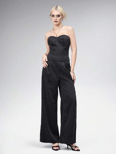 Goth Set de 2 piezas con top corto a rayas y pantalones acampanados para mujer