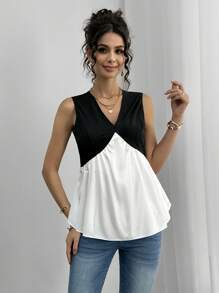 Momance Pregnant Woman's Casual Contrast Color V-Neck Sleeveless Summer Blouse
