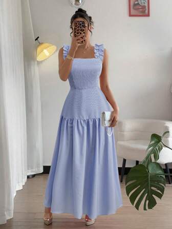 Elenzga Strappy A-Line Dress With Frill Trim, Blue & White Striped, Cinched Waist, Elegant French Country Style For Spring/Summer Holiday/Beach