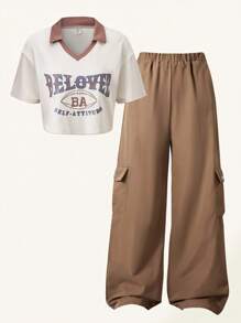 SHEIN Explorewe 1件套少女复古风两件套，短袖针织衫搭配工装裤，休闲百搭，新品上市