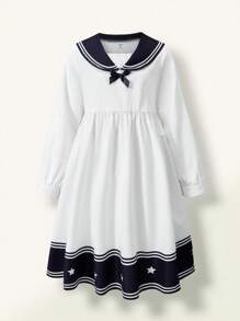 SHEIN Explorewe 1 件女童大号水手领白色 A 字长袖连衣裙，夏季新时尚造型