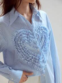 MOTF STUDIO WOMEN STRIPED PRINT LAYERED FRILL TRIM HEART PATTERN SHIRT - Blue - View 3