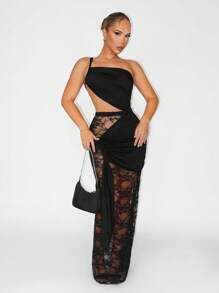 Sirith Vestido transparente de encaje de unicolor sexy para mujer - Negro - Ver 4