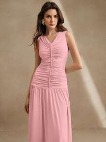 Anewsta 优雅无袖编织肩带蓝色女式连衣裙 - 粉色 - 查看 4