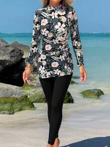 Swim Mulvari 2pcs/Set Women Tropical Plant Floral Print Tight Fit Long Sleeve Casual Beach Holiday Burkini Swimsuit Set, Spring/Summer