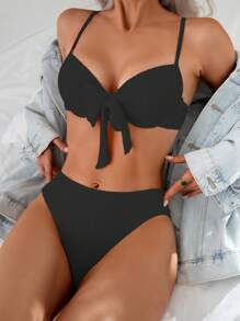 SHEIN Swim 2pcs Springbreak Women Solid Color Padded Texture Bowknot Shoulder Strap Bikini Set, Summer Beach - Black - View 1