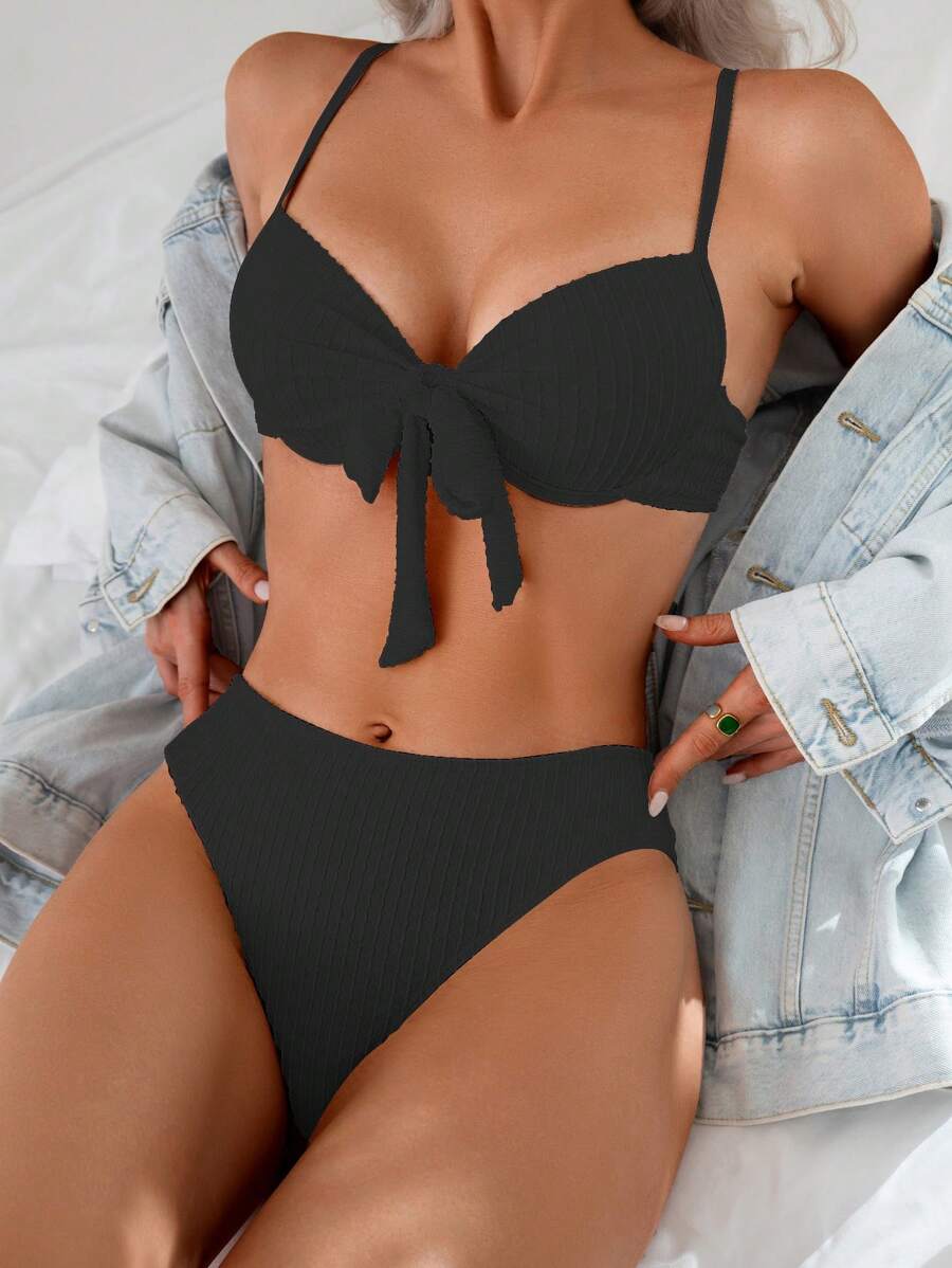 SHEIN Swim 2pcs Springbreak Women Solid Color Padded Texture Bowknot Shoulder Strap Bikini Set, Summer Beach - Black - View 1