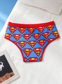 SUPERMAN X SHEIN Men's Red & Blue Comfortable Breathable Contrast Trim Cartoon Print Basic Casual Briefs